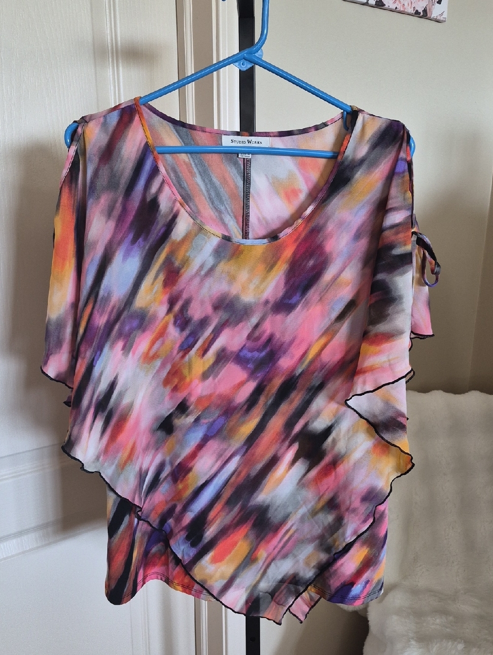 Studio Works Women's Colorful Watercolor Tunic Top with Flowy Overlay Size L